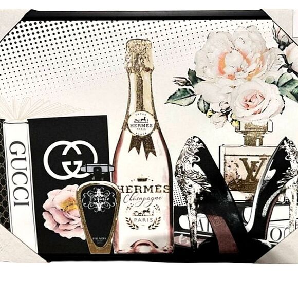 Crystal Luxe Hermes & Gucci Champagne and Floral Framed Canvas Wall Decor - Picture 1 of 5
